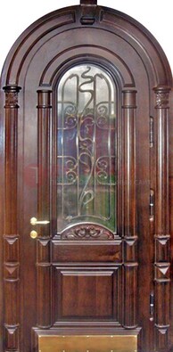 Арочная металлическая дверь массив со стеклом и ковкой ДА-50 в Вологде