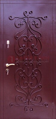 Бордовая металлическая дверь с ковкой ДК-21 в кирпичный дом в Вологде