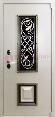 Белая стальная дверь с ковкой со стеклопакетом и МДФ ДК-30 в Вологде