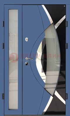 Синяя металлическая дверь со стеклом и узором ДС-13 в Вологде