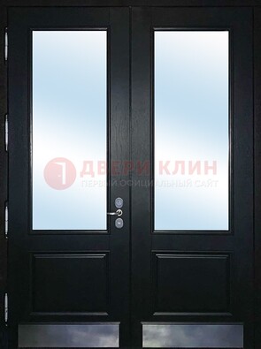 Черная двухстворчатая металлическая дверь со стеклом ДС-25 в Вологде