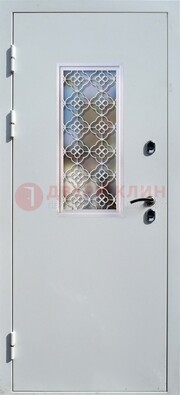 Серая металлическая дверь со стеклом и ковкой ДС-75 в Вологде