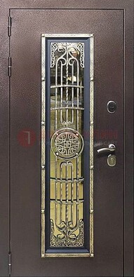 Железная дверь цвета медный антик со стеклом и ковкой ДСК-105 в Вологде