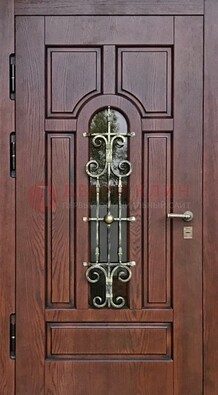 Cтальная дверь со стеклом и ковкой в коричневом цвете ДСК-119 в Вологде