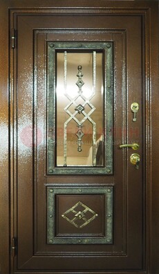 Теплая входная дверь со стеклом и ковкой разноцветной ДСК-13 в Пскове