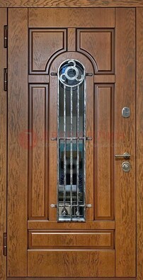 Коричневая стальная дверь со стеклом и ковкой для кирпичного дома ДСК-146 в Вологде