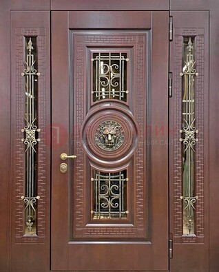 Коричневая стальная дверь со стеклом и ковкой ДСК-147 с фрамугами в Вологде