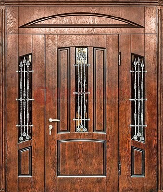 Стальная дверь со стеклом и ковкой с фрамугами ДСК-149 коричневая в Вологде