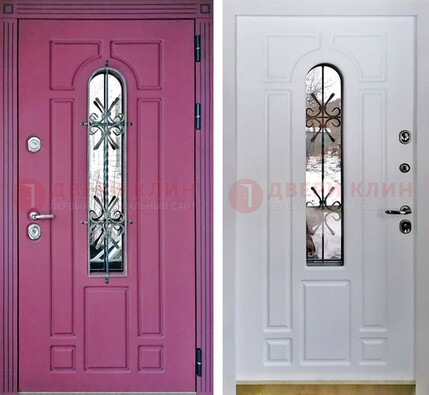 Розовая металлическая дверь со стеклом и ковкой ДСК-151 в Вологде
