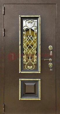 Входная дверь порошок со стеклом и ковкой для коттеджа ДСК-166 в Вологде