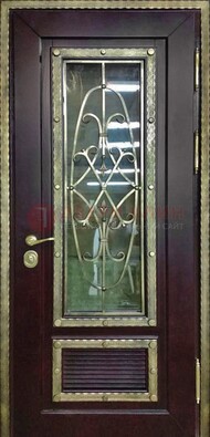 Темная уличная дверь порошок со стеклом и ковкой ДСК-167 в Вологде