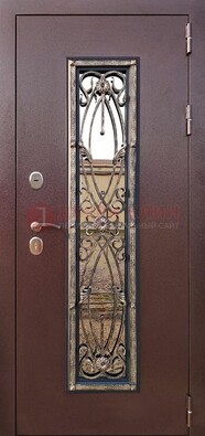 Коричневая стальная дверь порошок со стеклом и ковкой для дома ДСК-169 в Вологде