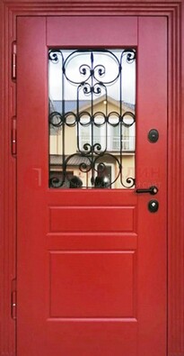 Красная железная дверь Винорит со стеклом и ковкой ДСК-205 в Вологде