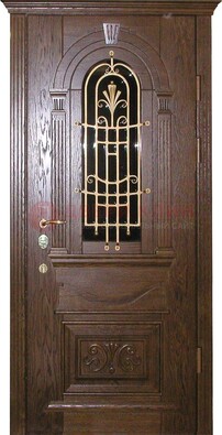 Современная железная дверь со стеклом и ковкой золотой ДСК-23 в Пскове