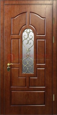 Коричневая входная дверь со стеклом и золотистой ковкой ДСК-83 в Дмитрове