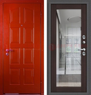 Красная металлическая дверь с МДФ и зеркалом ДЗ-136 в Вологде
