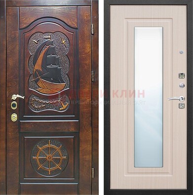Темная уличная дверь с резьбой и зеркалом внутри ДЗ-49 в Вологде