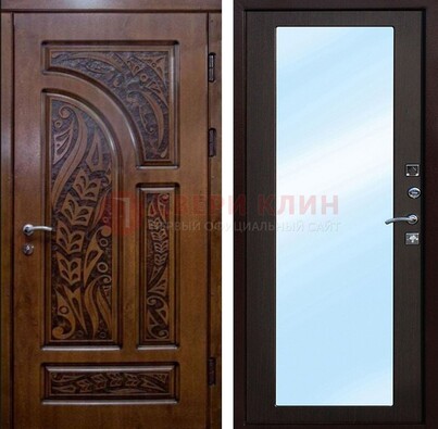 Коричневая входная дверь c узором и виноритом МДФ с зеркалом ДЗ-98 в Вологде