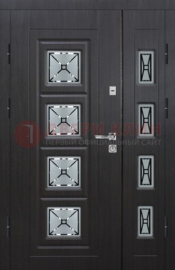 Чёрная двухстворчатая железная дверь с МДФ и витражом ВЖ-35 в Вологде
