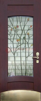 Бордовая стальная дверь с витражом и декоративным элементом ВЖ-3 в Пскове